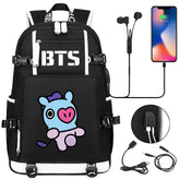 BTS Cartoon Mang USB Charging Backpack School NoteBook Laptop Travel Bags
