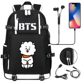 BTS Cartoon RJ USB Charging Backpack School NoteBook Laptop Travel Bags