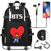 BTS Cartoon TATA USB Charging Backpack School NoteBook Laptop Travel Bags