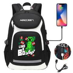 Minecraft Creeper USB Charging Backpack School NoteBook Laptop Travel Bags
