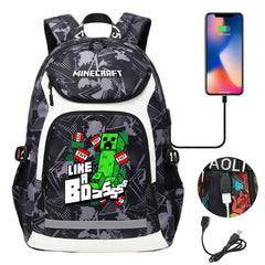Minecraft Creeper USB Charging Backpack School NoteBook Laptop Travel Bags