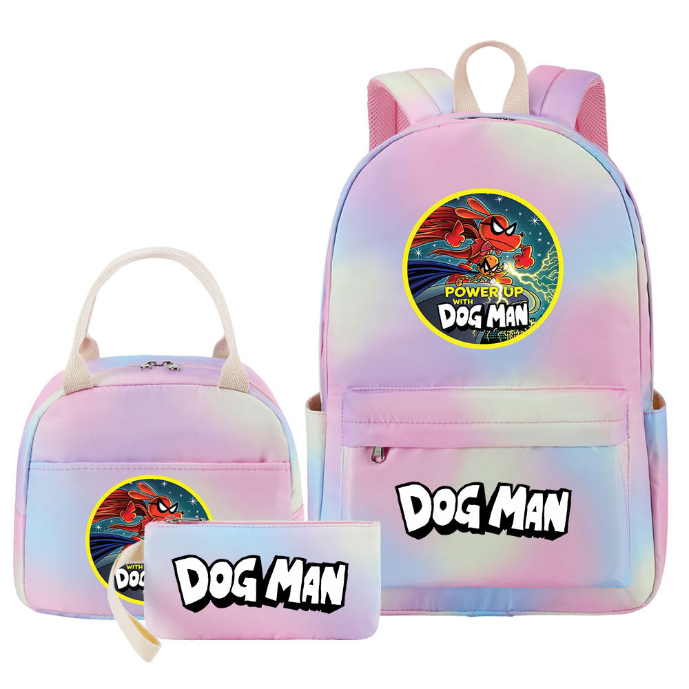 Dog Man Pink Starry Sky SchoolBag Backpack Lunch Box Bag Book Pencil Bags 3pcs Set
