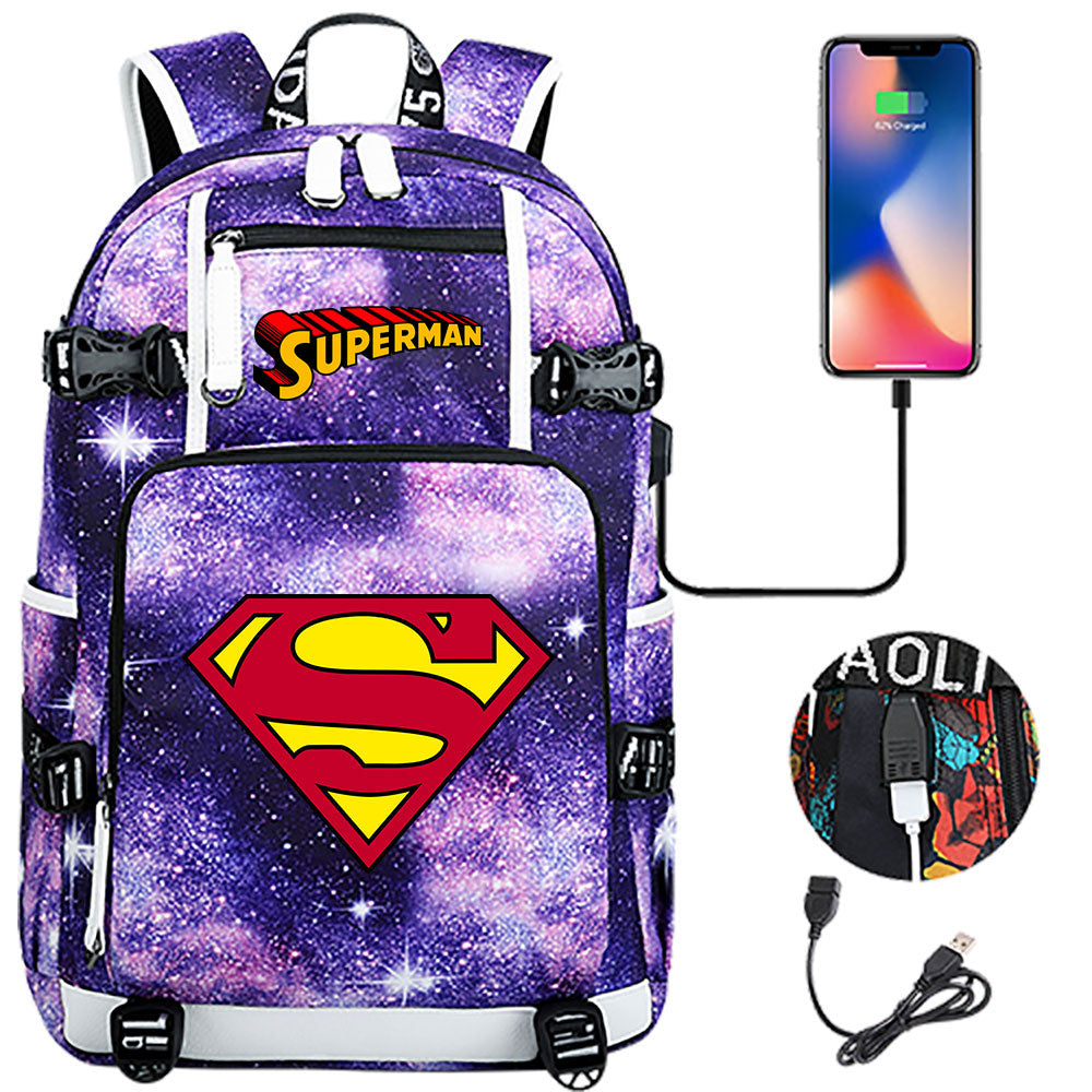 Superhero Superman USB Charging Backpack School NoteBook Laptop Travel Bags