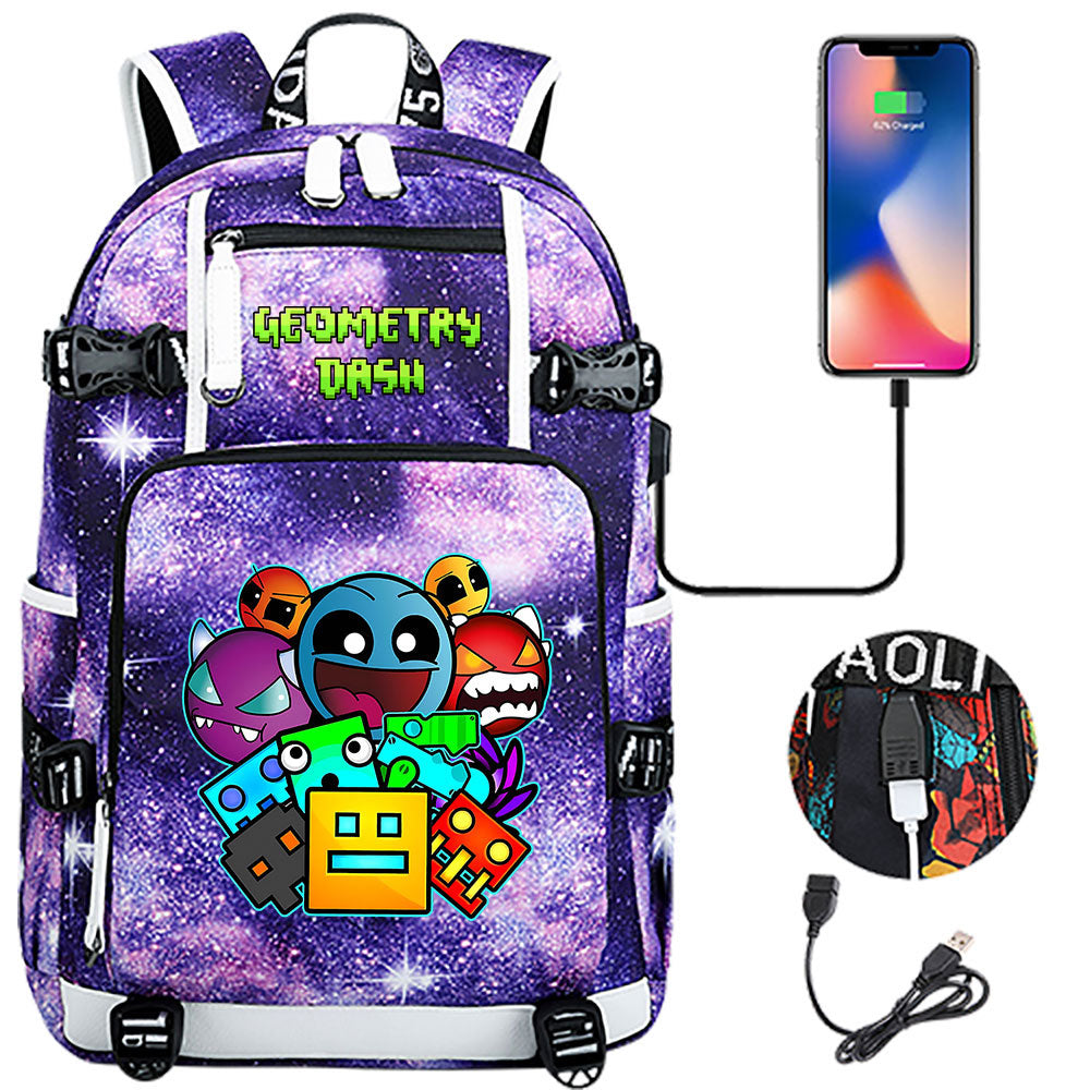 Geometry Dash USB Charging Backpack School NoteBook Laptop Travel Bags