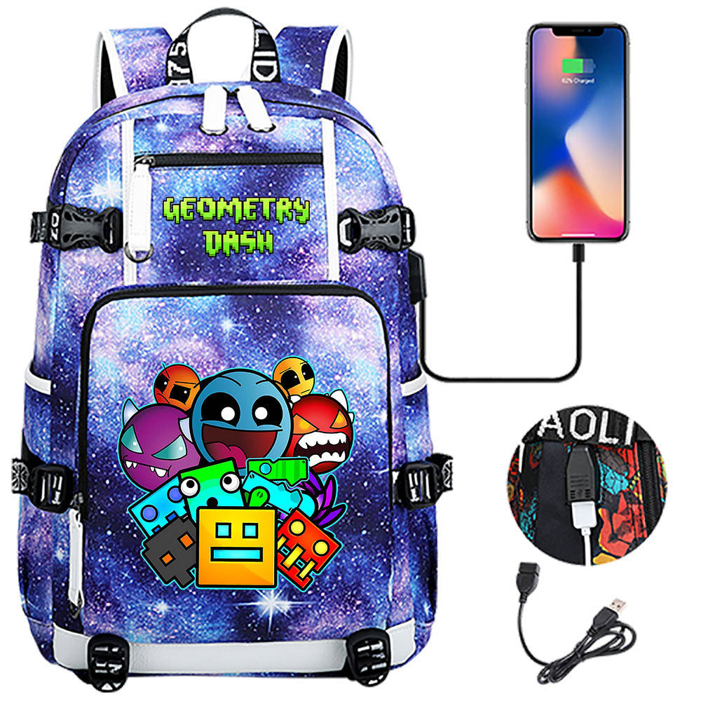 Geometry Dash USB Charging Backpack School NoteBook Laptop Travel Bags