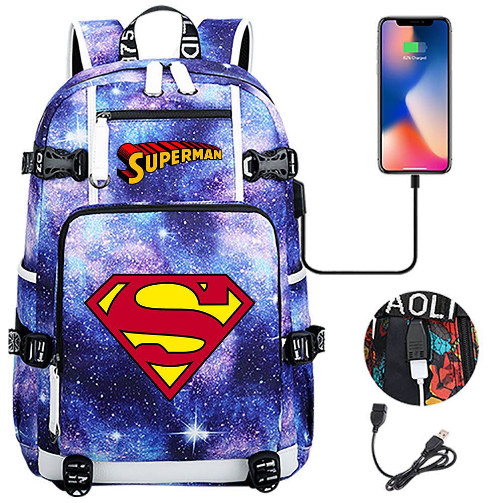 Superhero Superman USB Charging Backpack School NoteBook Laptop Travel Bags