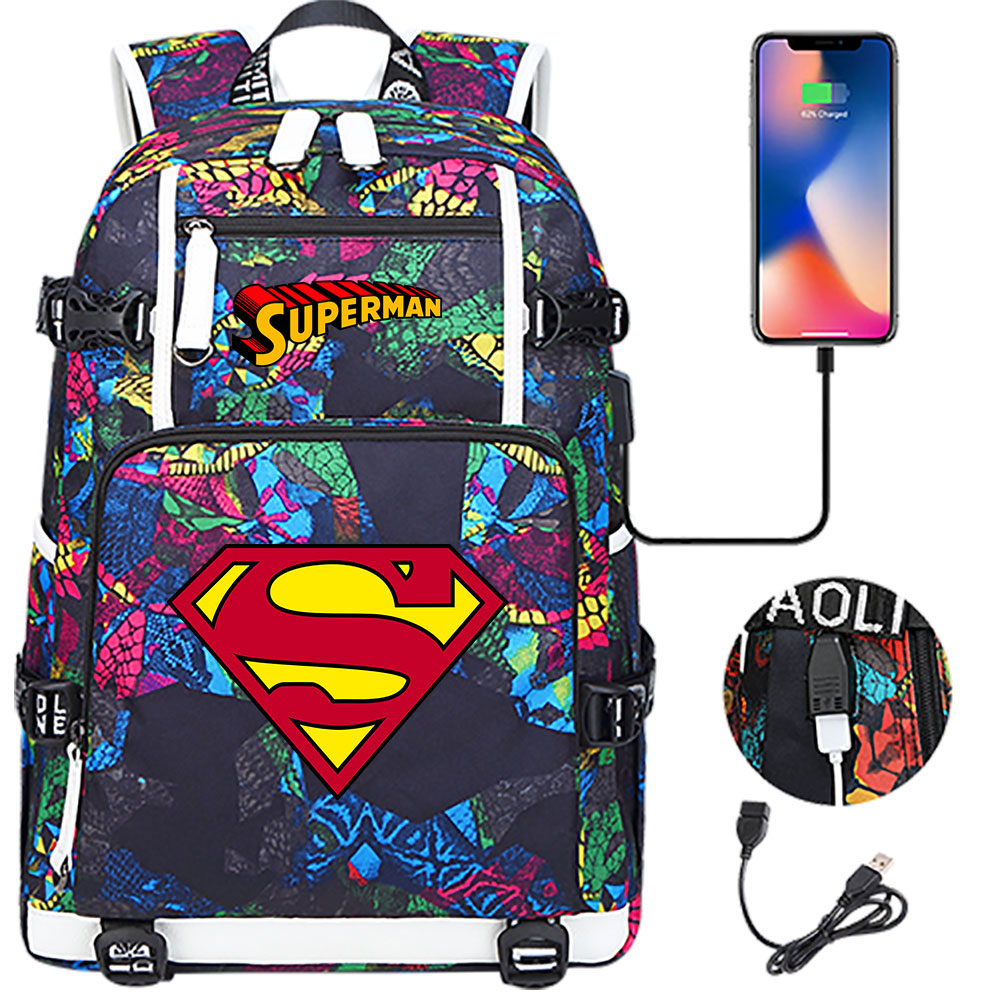 Superhero Superman USB Charging Backpack School NoteBook Laptop Travel Bags