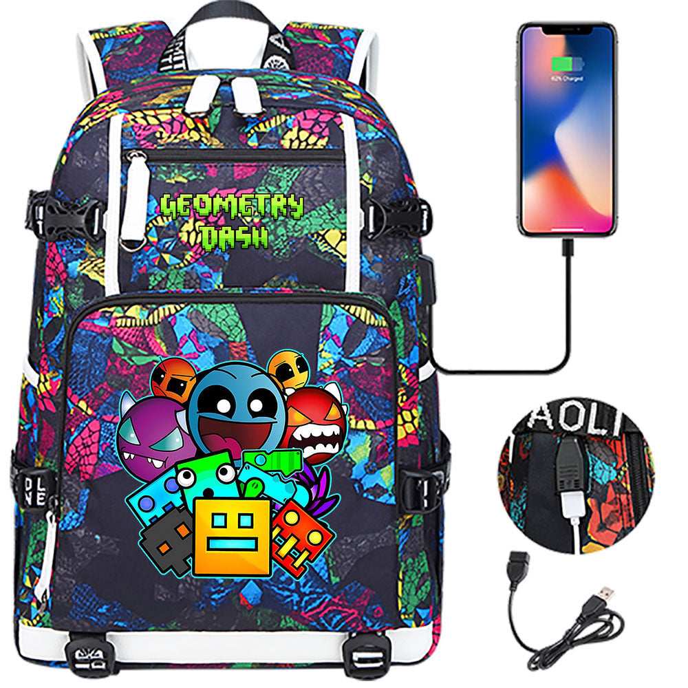 Geometry Dash USB Charging Backpack School NoteBook Laptop Travel Bags