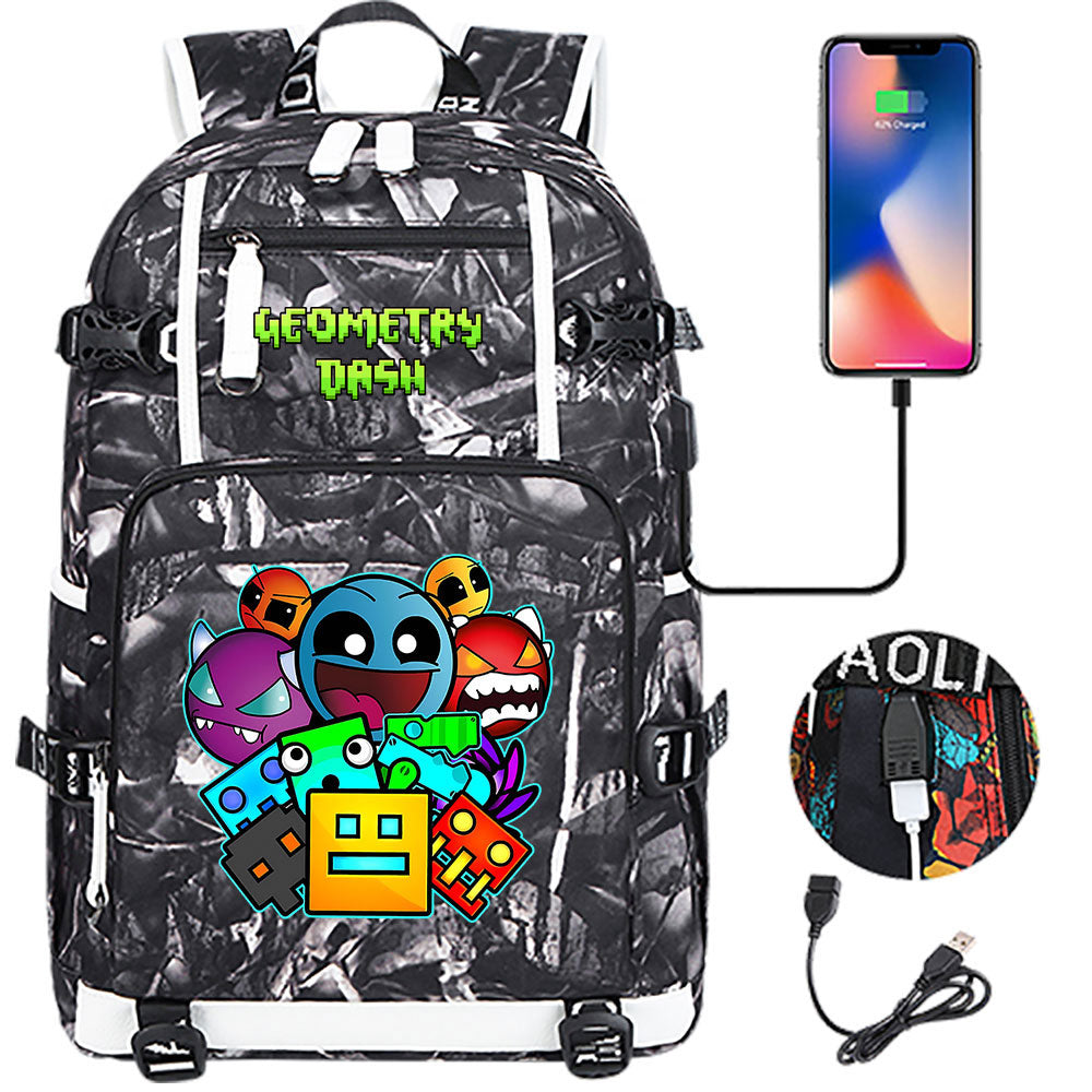 Geometry Dash USB Charging Backpack School NoteBook Laptop Travel Bags