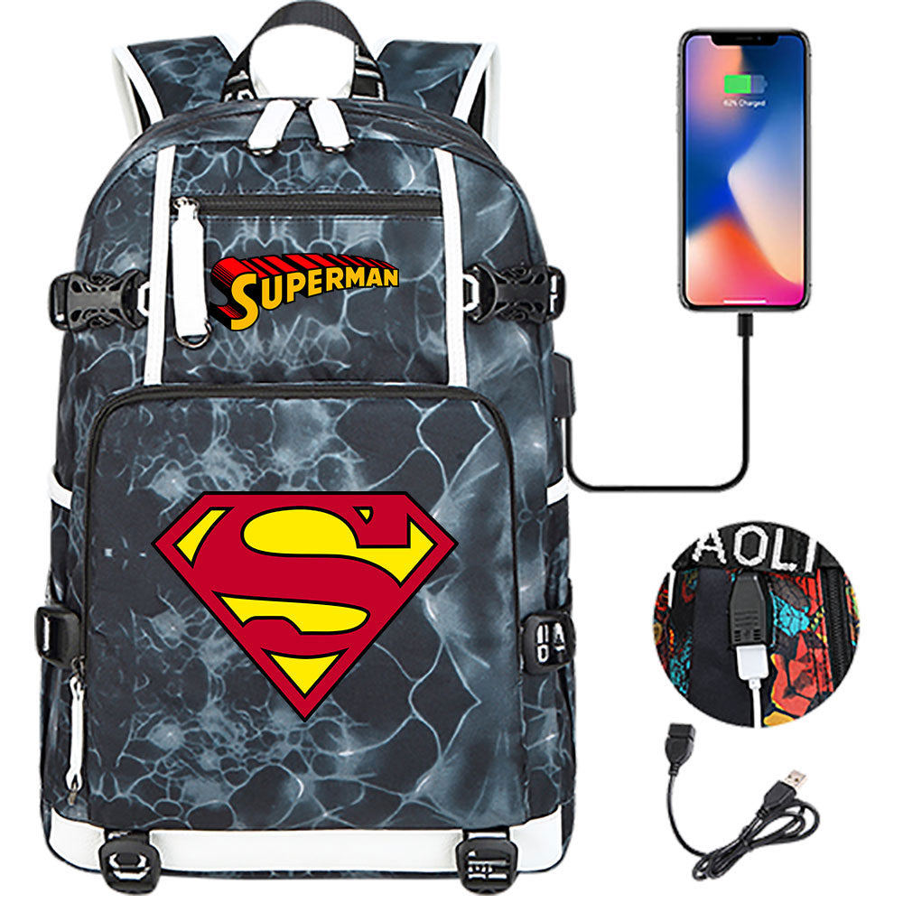 Superhero Superman USB Charging Backpack School NoteBook Laptop Travel Bags