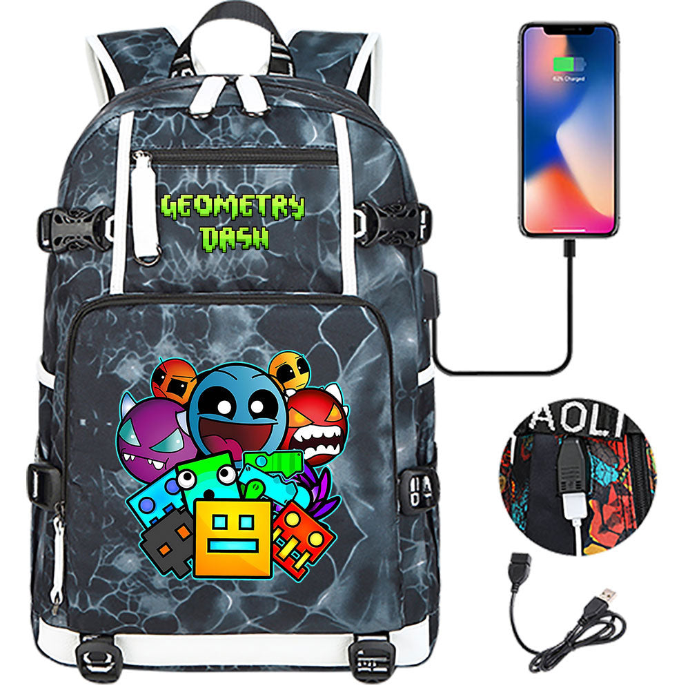 Geometry Dash USB Charging Backpack School NoteBook Laptop Travel Bags