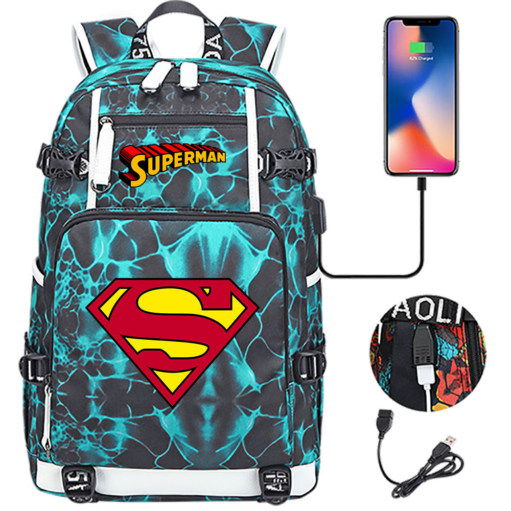 Superhero Superman USB Charging Backpack School NoteBook Laptop Travel Bags