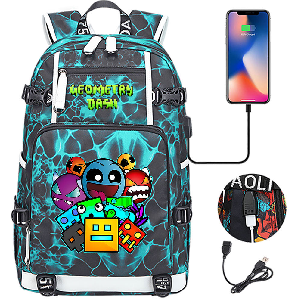 Geometry Dash USB Charging Backpack School NoteBook Laptop Travel Bags