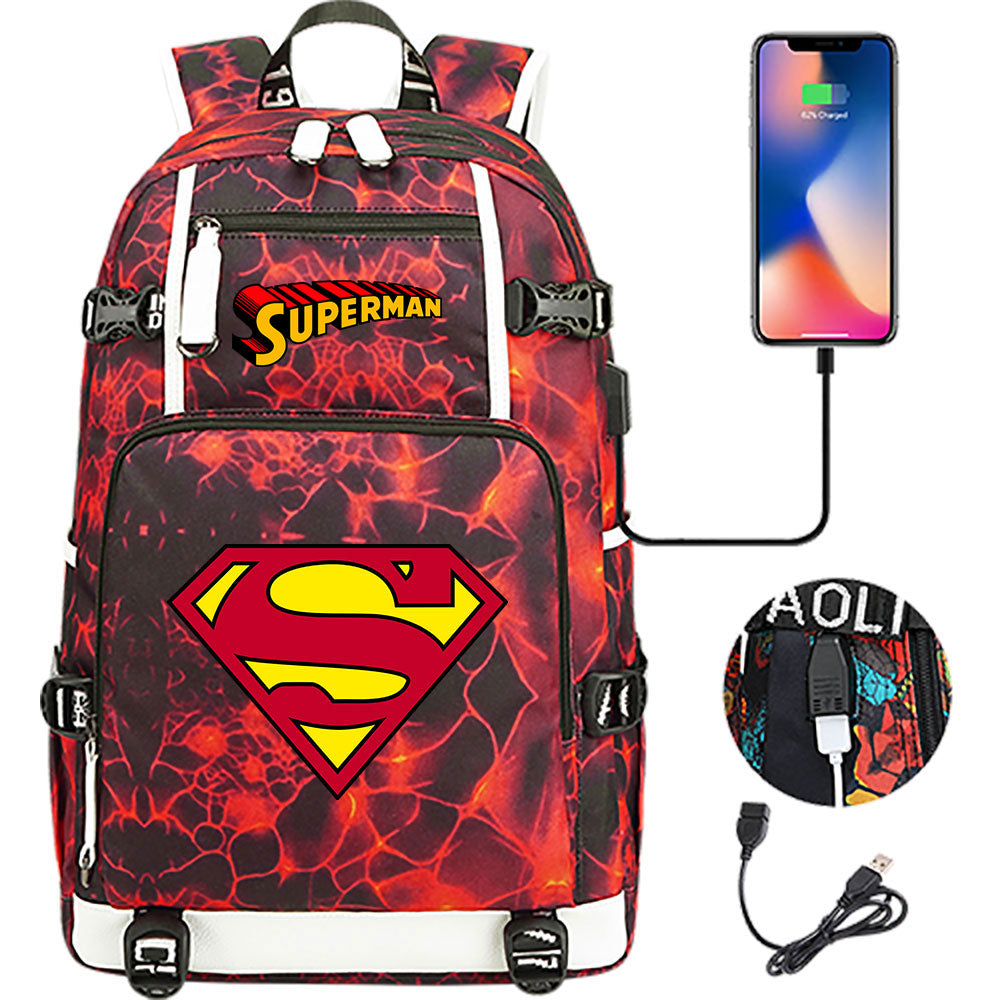 Superhero Superman USB Charging Backpack School NoteBook Laptop Travel Bags