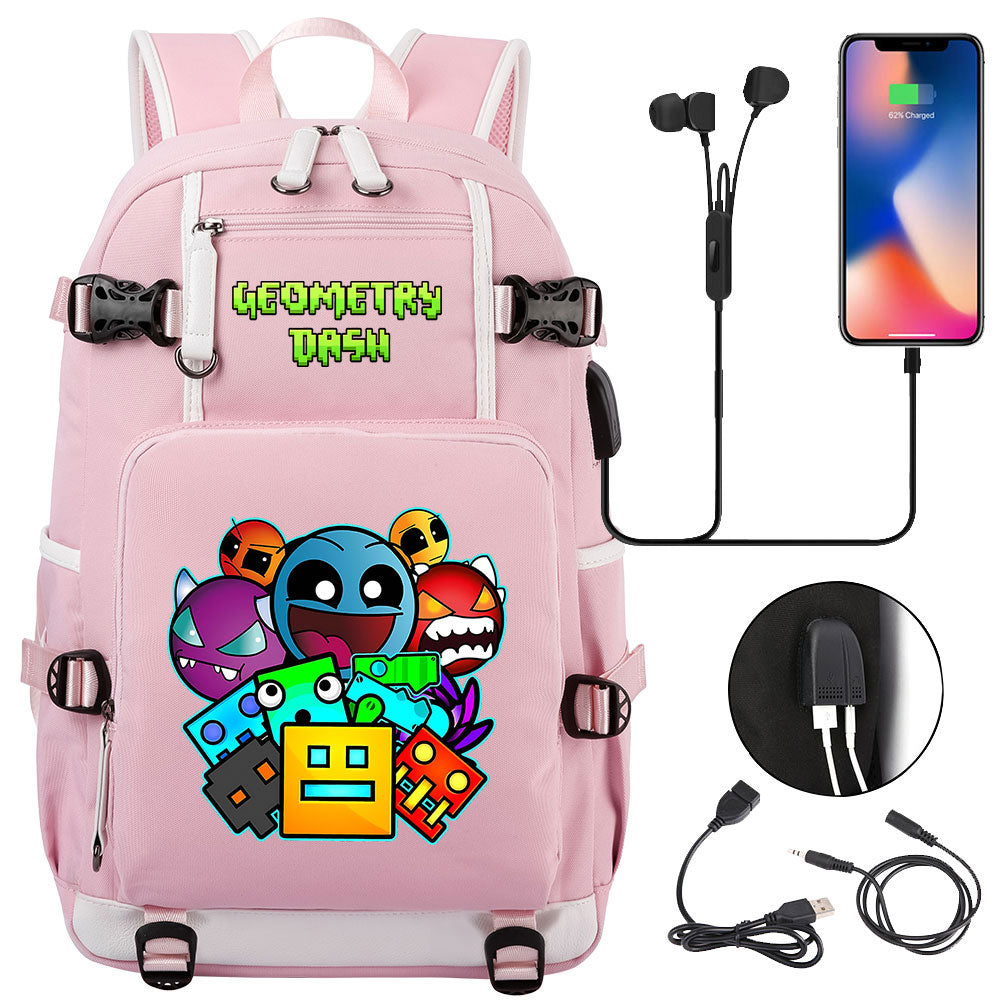 Geometry Dash USB Charging Backpack School NoteBook Laptop Travel Bags