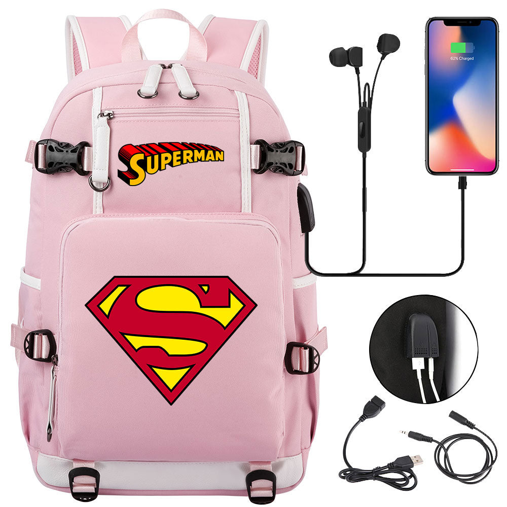 Superhero Superman USB Charging Backpack School NoteBook Laptop Travel Bags