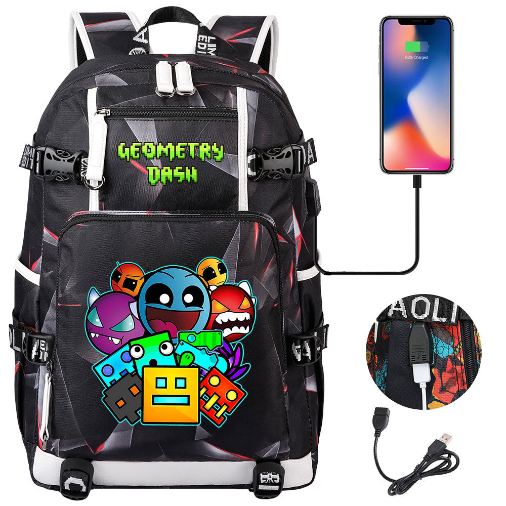 Geometry Dash USB Charging Backpack School NoteBook Laptop Travel Bags