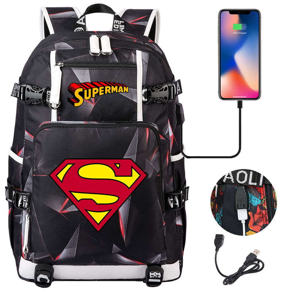 Superhero Superman USB Charging Backpack School NoteBook Laptop Travel Bags