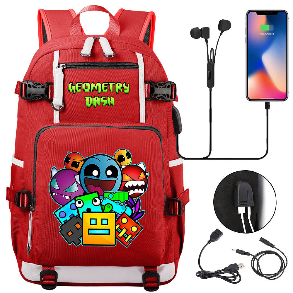 Geometry Dash USB Charging Backpack School NoteBook Laptop Travel Bags