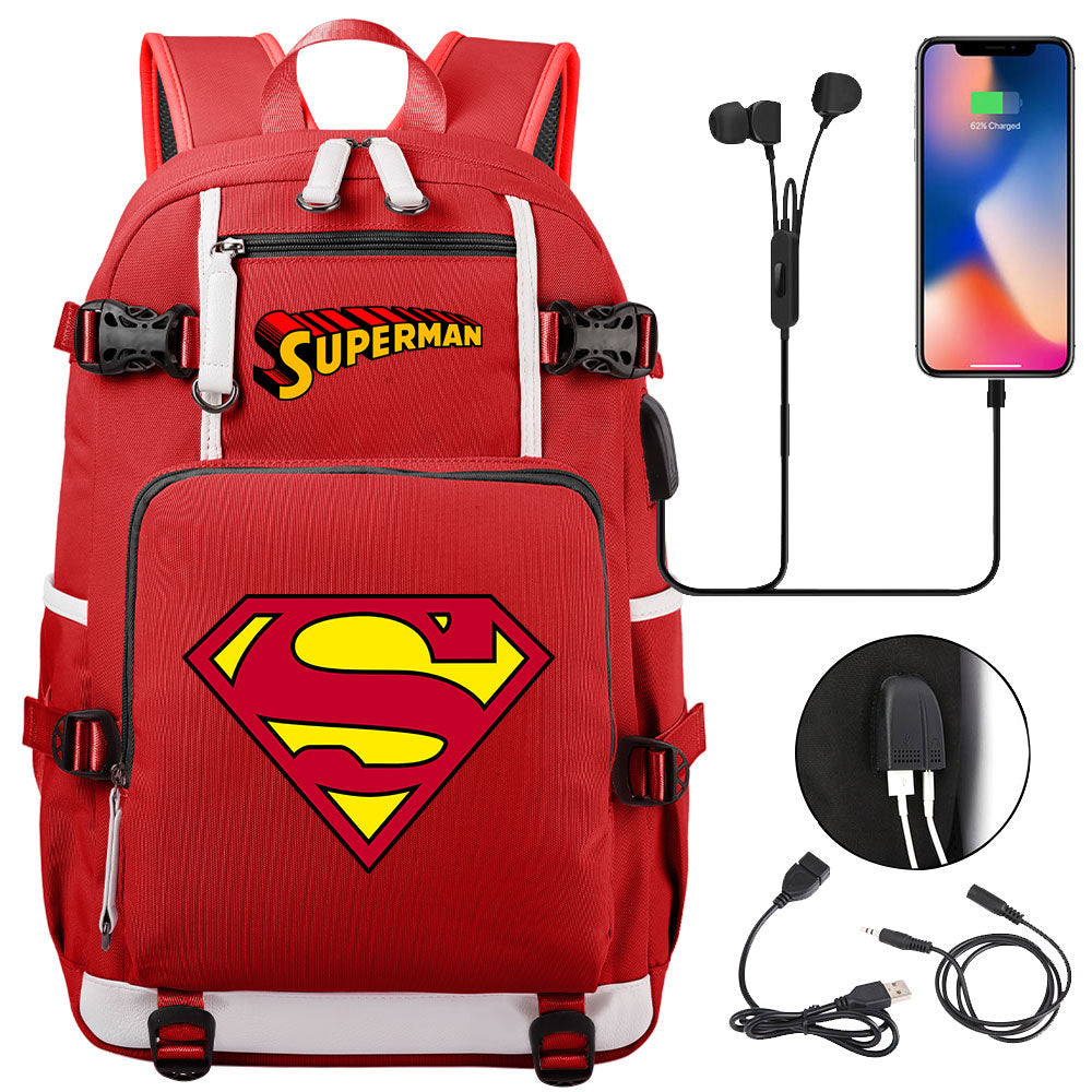 Superhero Superman USB Charging Backpack School NoteBook Laptop Travel Bags