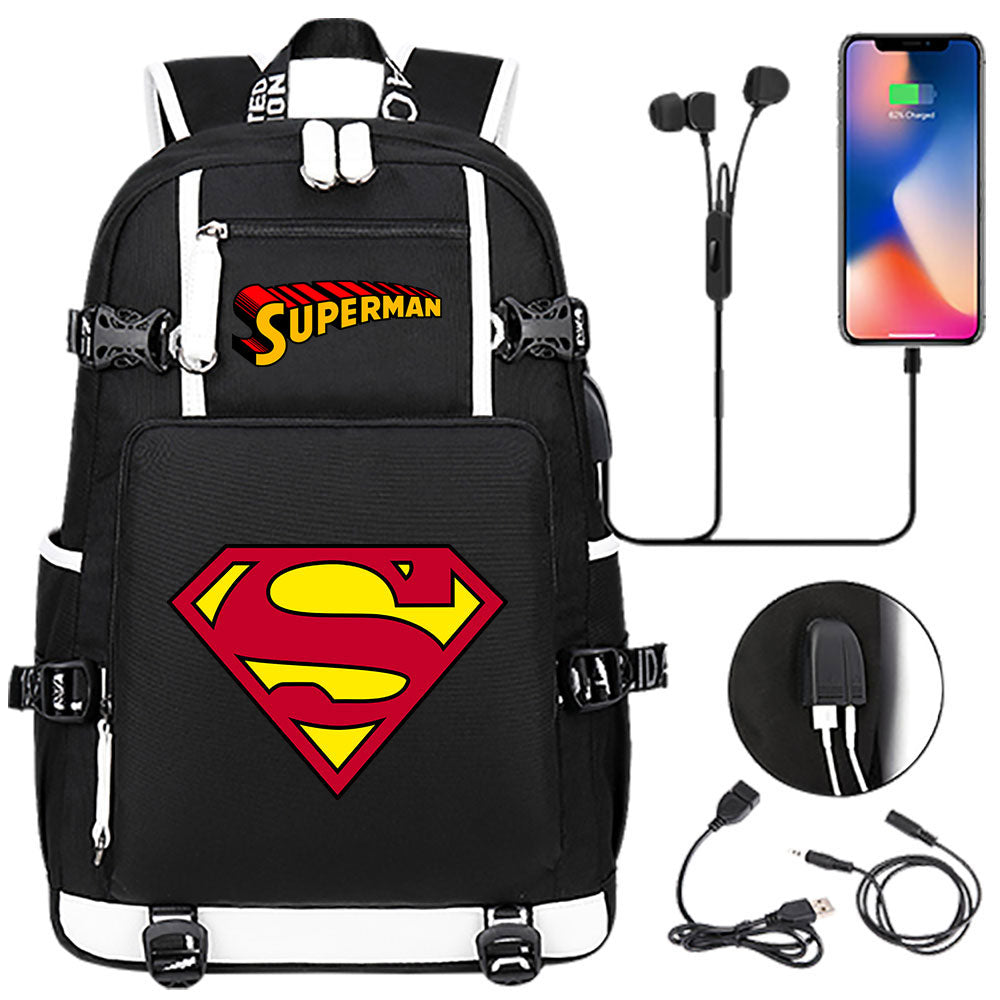 Superhero Superman USB Charging Backpack School NoteBook Laptop Travel Bags