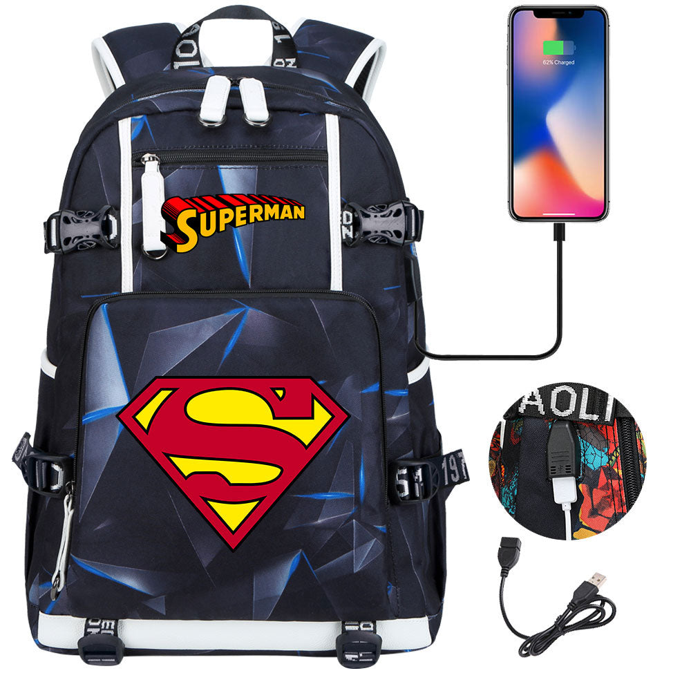 Superhero Superman USB Charging Backpack School NoteBook Laptop Travel Bags