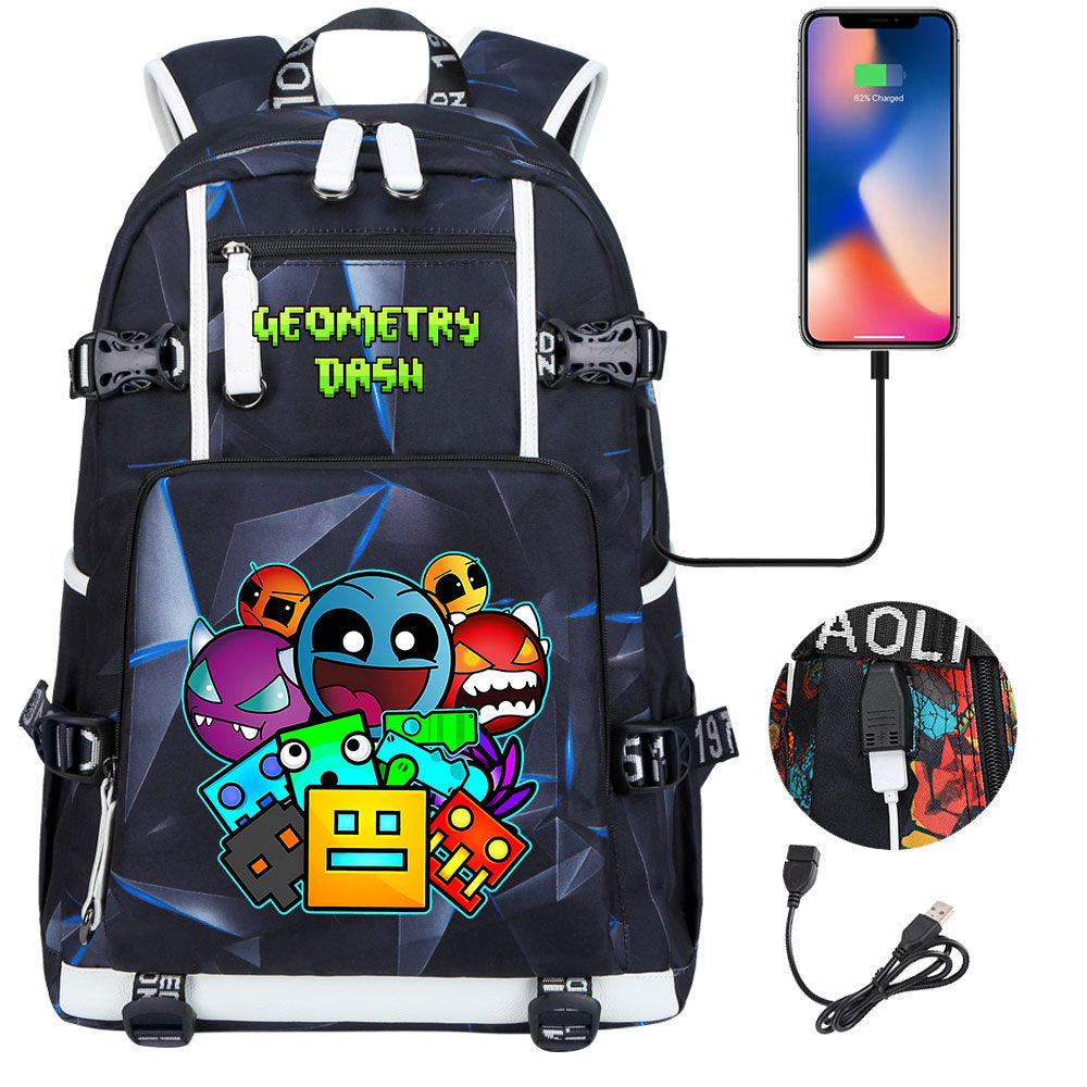 Geometry Dash USB Charging Backpack School NoteBook Laptop Travel Bags