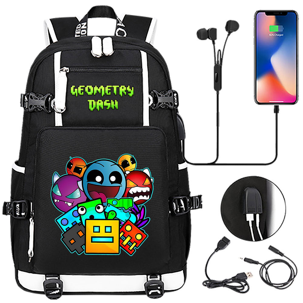 Geometry Dash USB Charging Backpack School NoteBook Laptop Travel Bags
