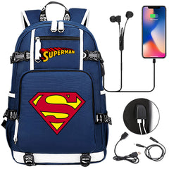 Superhero Superman USB Charging Backpack School NoteBook Laptop Travel Bags