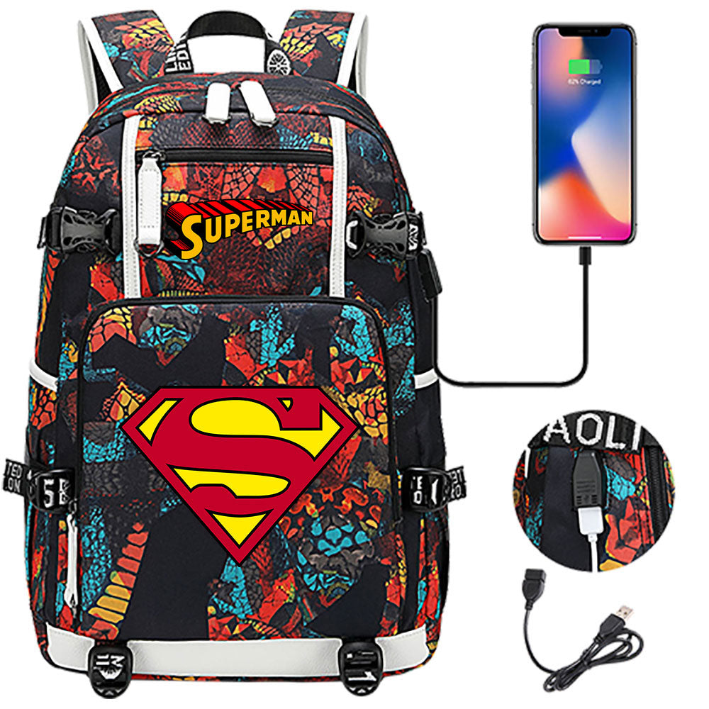 Superhero Superman USB Charging Backpack School NoteBook Laptop Travel Bags