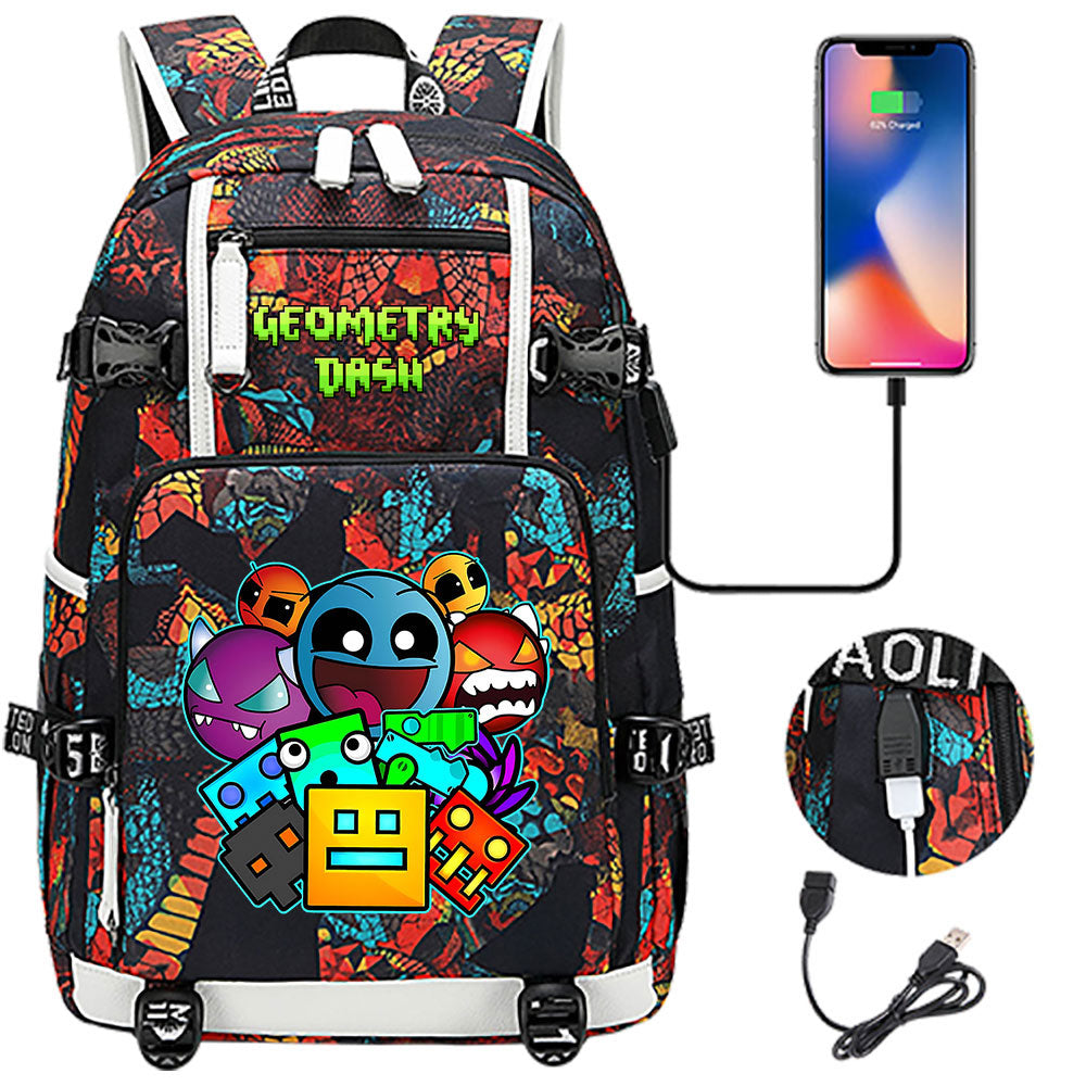Geometry Dash USB Charging Backpack School NoteBook Laptop Travel Bags