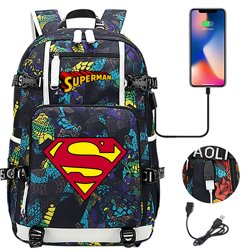 Superhero Superman USB Charging Backpack School NoteBook Laptop Travel Bags