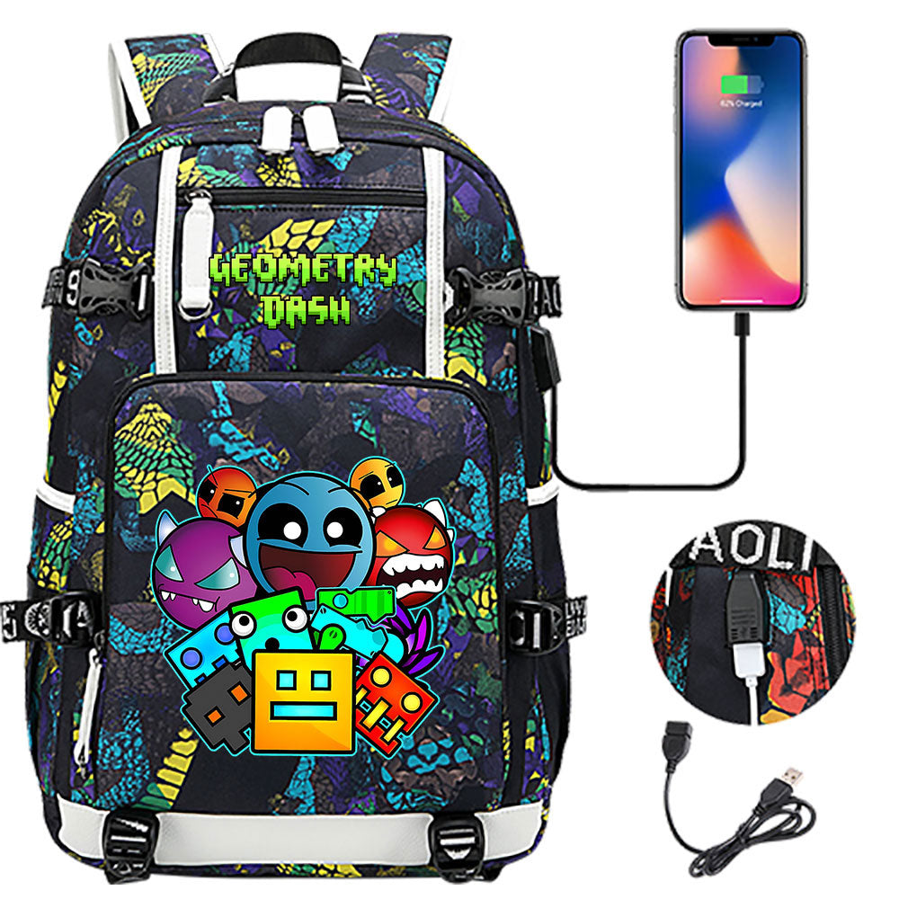 Geometry Dash USB Charging Backpack School NoteBook Laptop Travel Bags