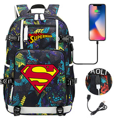 Superhero Superman USB Charging Backpack School NoteBook Laptop Travel Bags