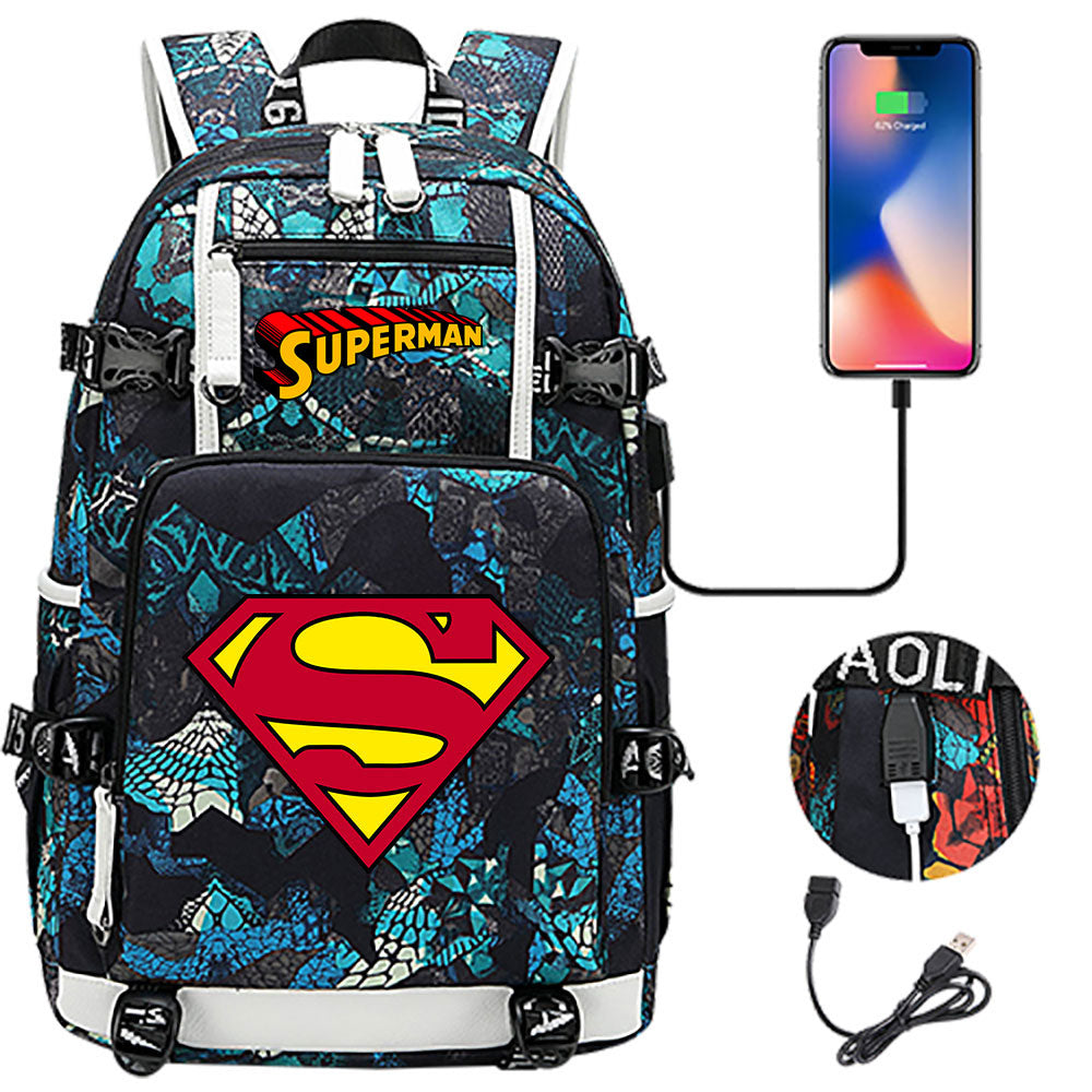 Superhero Superman USB Charging Backpack School NoteBook Laptop Travel Bags