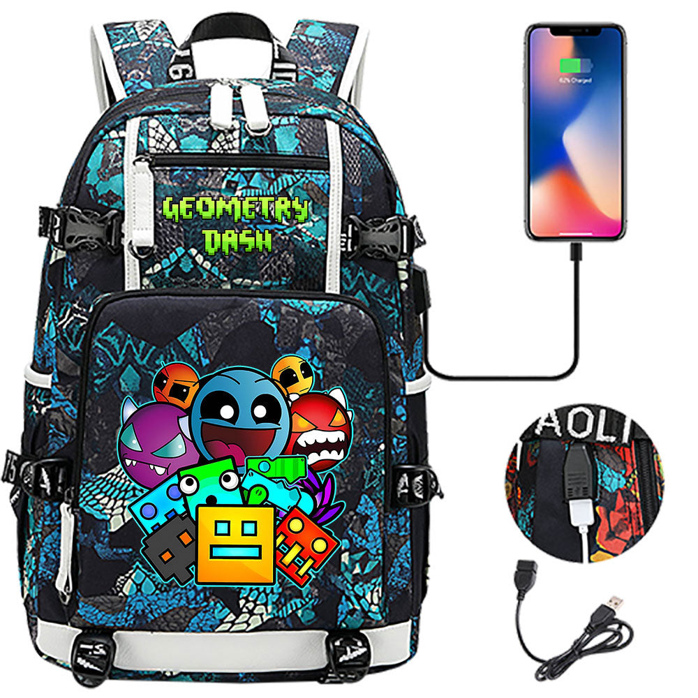 Geometry Dash USB Charging Backpack School NoteBook Laptop Travel Bags