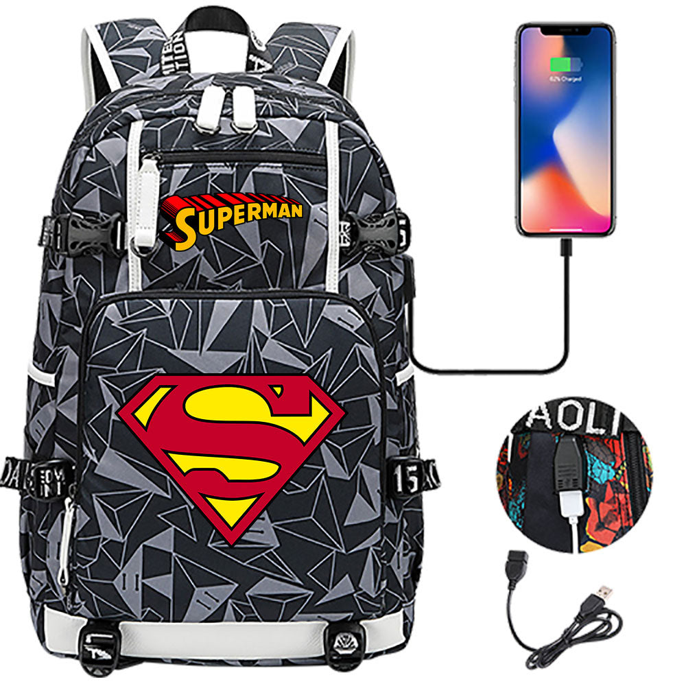 Superhero Superman USB Charging Backpack School NoteBook Laptop Travel Bags