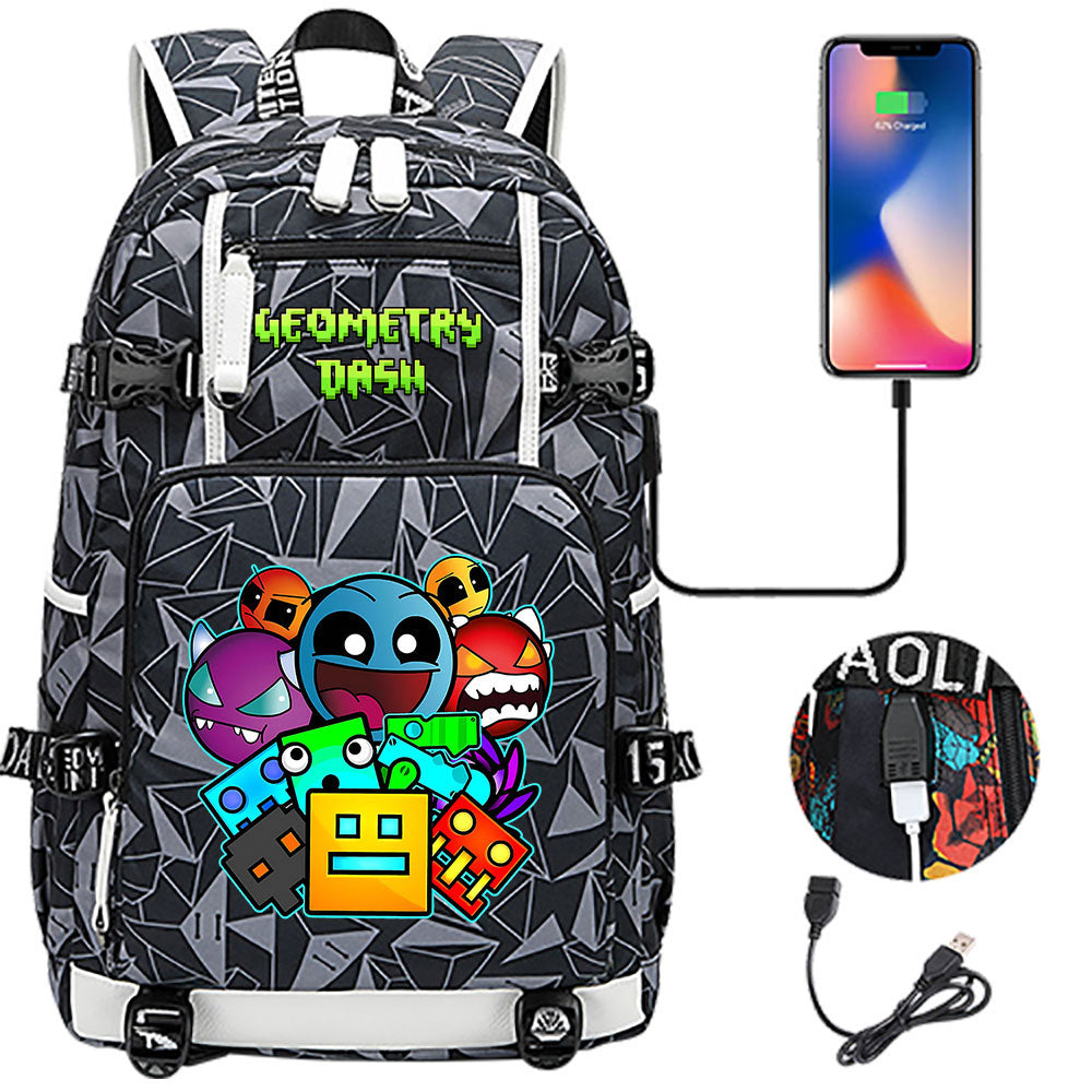 Geometry Dash USB Charging Backpack School NoteBook Laptop Travel Bags