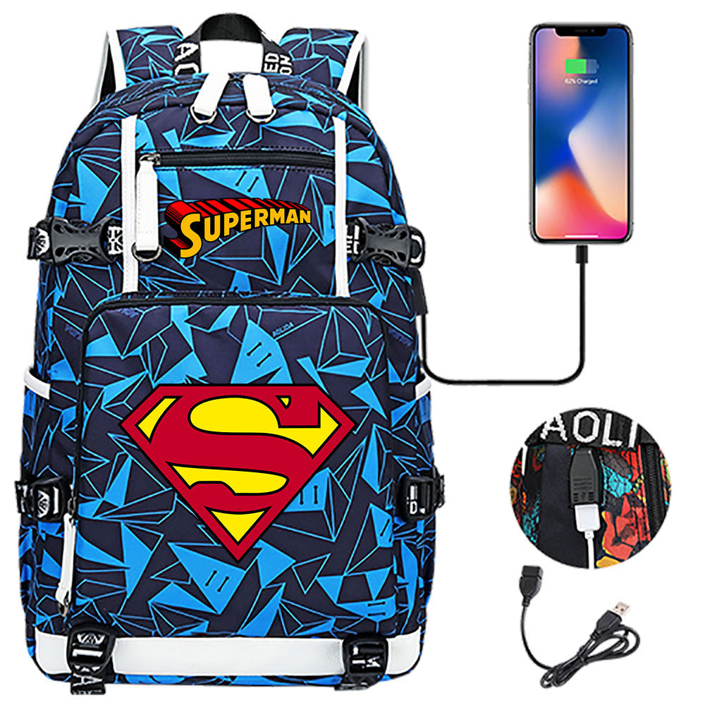 Superhero Superman USB Charging Backpack School NoteBook Laptop Travel Bags