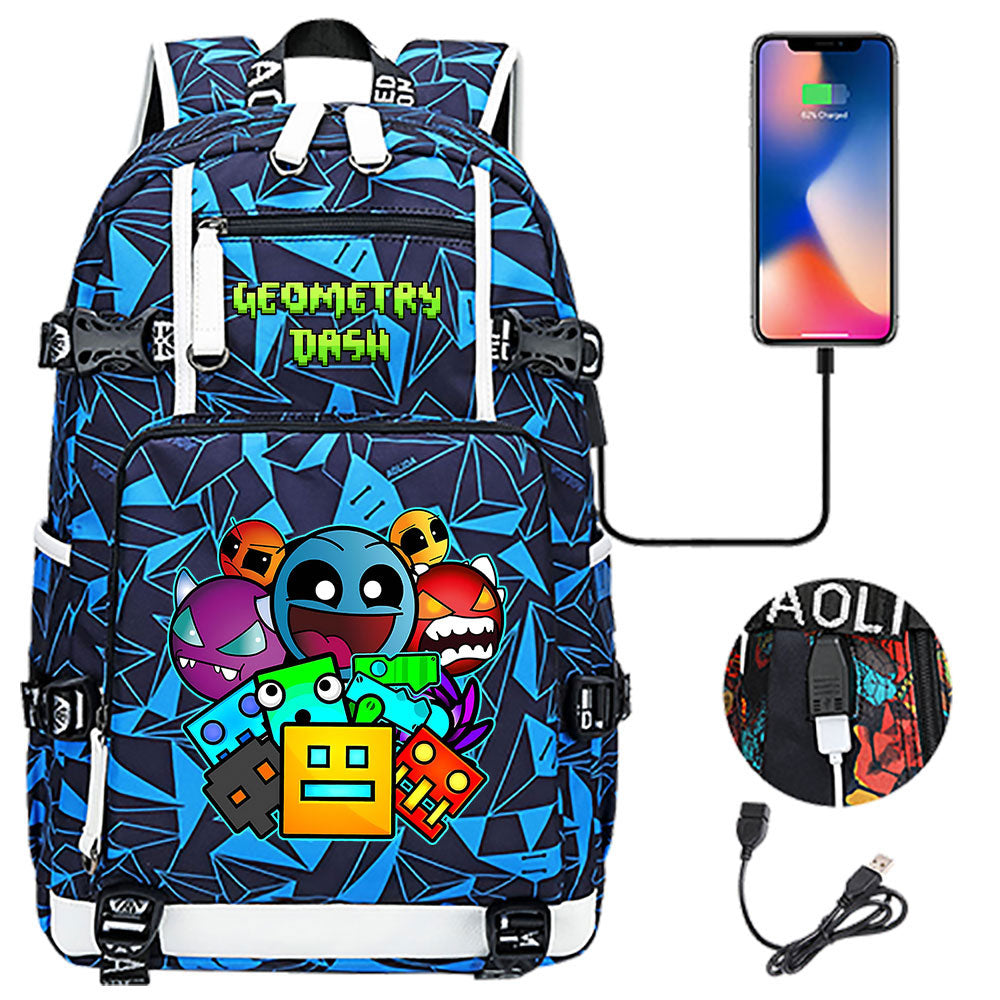 Geometry Dash USB Charging Backpack School NoteBook Laptop Travel Bags