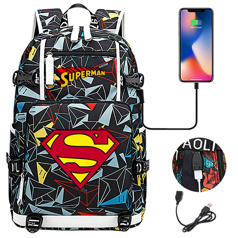 Superhero Superman USB Charging Backpack School NoteBook Laptop Travel Bags