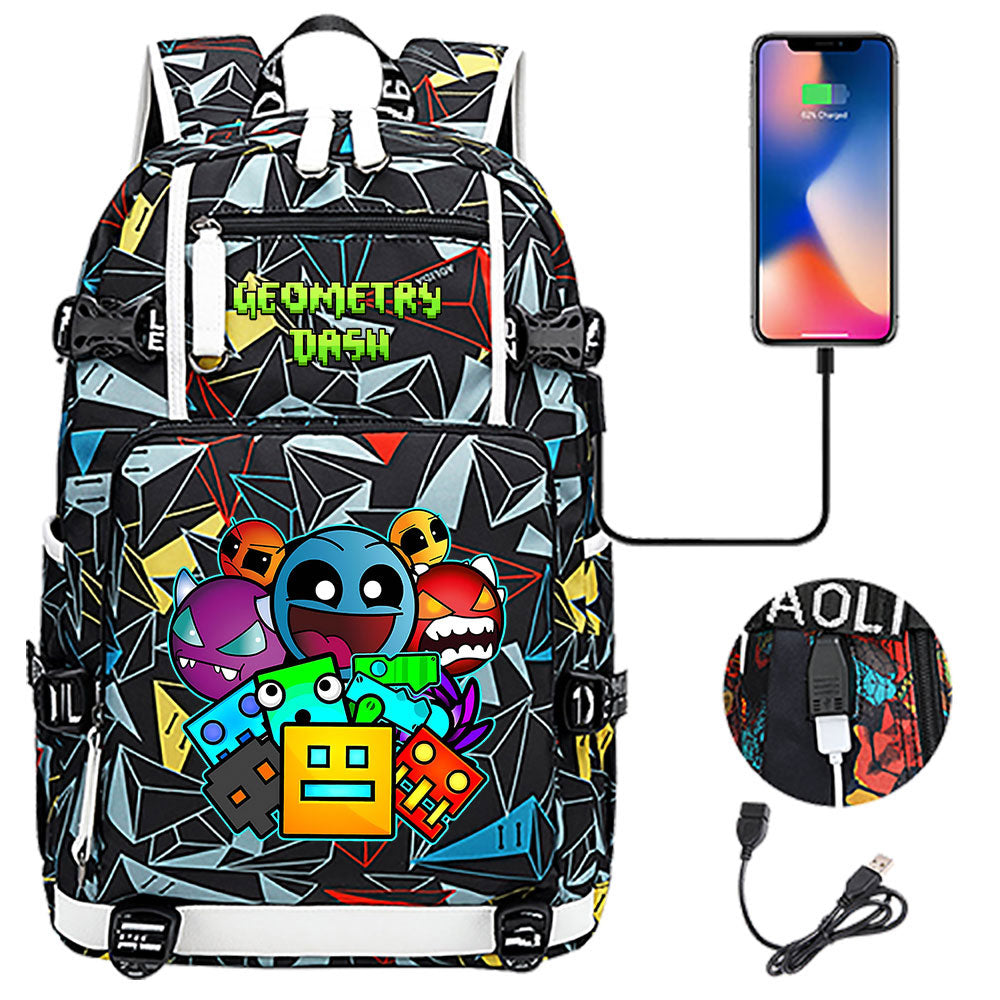 Geometry Dash USB Charging Backpack School NoteBook Laptop Travel Bags