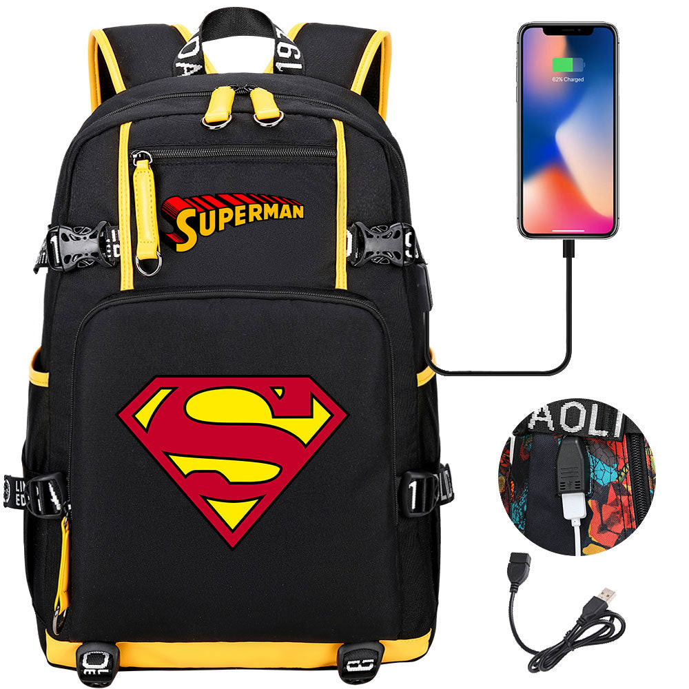 Superhero Superman USB Charging Backpack School NoteBook Laptop Travel Bags