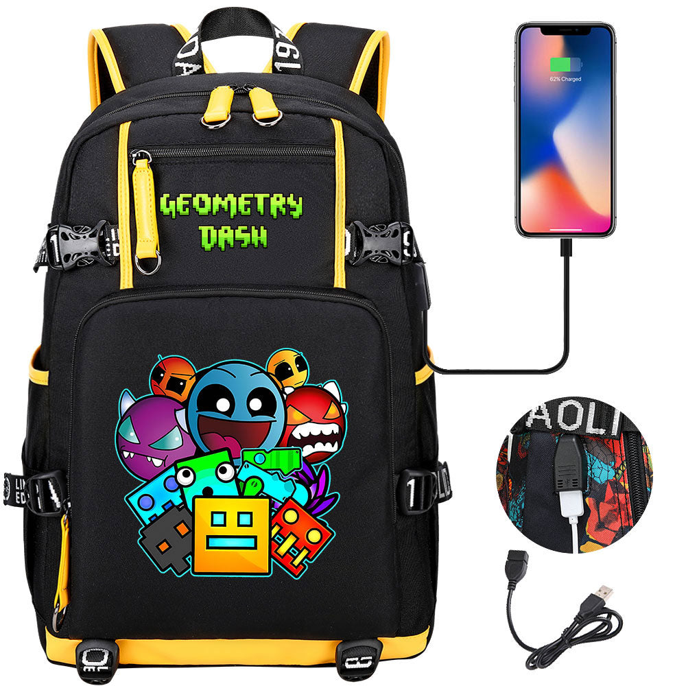 Geometry Dash USB Charging Backpack School NoteBook Laptop Travel Bags
