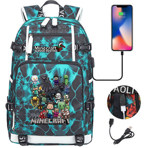 Minecraft USB Charging Backpack School NoteBook Laptop Travel Bags