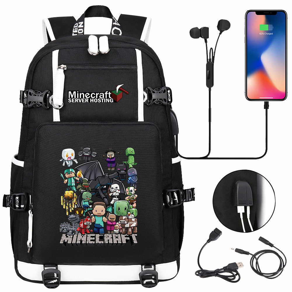 Minecraft USB Charging Backpack School NoteBook Laptop Travel Bags