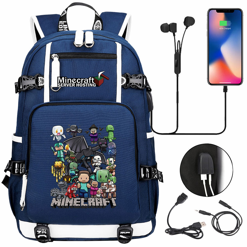 Minecraft USB Charging Backpack School NoteBook Laptop Travel Bags