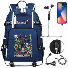 Minecraft USB Charging Backpack School NoteBook Laptop Travel Bags