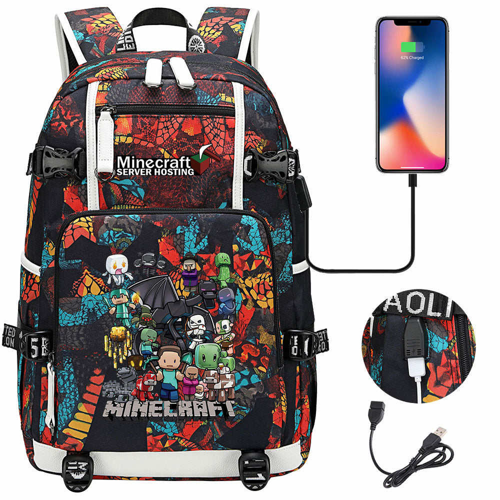 Minecraft USB Charging Backpack School NoteBook Laptop Travel Bags