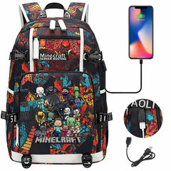 Minecraft USB Charging Backpack School NoteBook Laptop Travel Bags